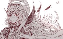 Rule 34 | 1girl, armor, crown, dated, feathers, fire emblem, fire emblem heroes, flower, gloves, greyscale, hair ornament, holding, holding flower, long hair, monochrome, nintendo, parted lips, petals, shoulder armor, signature, simple background, solo, veronica (fire emblem), wani (fadgrith), white background