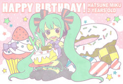 Rule 34 | aqua hair, birthday, cake, candy, checkerboard cookie, cookie, cupcake, detached sleeves, doughnut, food, hair ribbon, hatsune miku, long hair, necktie, pastry, ribbon, shio (orange lounge), skirt, smile, solo, star (symbol), thighhighs, twintails, very long hair, vocaloid