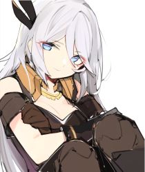 Rule 34 | 1girl, absurdres, armor, blue eyes, blush, breasts, cecilia schariac, error1980, hair ornament, highres, honkai (series), honkai impact 3rd, looking to the side, pale skin, pants, simple background, white background, white hair