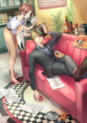 Rule 34 | 1boy, 1girl, adjusting clothes, adjusting headwear, alcohol, animal, ashtray, bag of chips, black pants, blonde hair, book, bottle, braid, brown eyes, brown footwear, brown hair, brown hat, brown skirt, cabinet, cat, cellphone, chips (food), cigarette pack, couch, detective, earrings, envelope, food, formal, hat, highres, holding, holding animal, indoors, jewelry, koyami tsukito, leaning forward, looking at another, magazine (object), mouth hold, original, pants, paper, pen, phone, plant, potted plant, sitting, skirt, slot machine, smartphone, suit, table, trilby, watch, weighing scale, window, window blinds, wristwatch