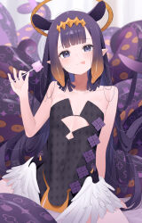 Rule 34 | 1girl, :q, bare shoulders, black dress, blue eyes, blush, candy, commentary, deyui, dress, feathered wings, flat chest, food, halo, highres, holding, holding candy, holding food, holding lollipop, hololive, hololive english, lollipop, looking at viewer, low wings, mole, mole under eye, ninomae ina&#039;nis, ninomae ina&#039;nis (1st costume), orange hair, purple hair, solo, strapless, strapless dress, tentacle hair, tentacles, tongue, tongue out, upper body, virtual youtuber, white wings, wings, yellow halo