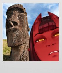 Rule 34 | 1girl, black hair, blunt bangs, blurry, blurry foreground, border, colored skin, commentary, demon girl, easter island, english commentary, freckles, hair between horns, horns, long hair, looking at viewer, meruccubus (merunyaa), merunyaa, moai, oni, original, photo background, pointy ears, polaroid, red oni, red skin, skin-covered horns, solo, statue, white border, yellow eyes