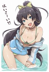 Rule 34 | 1girl, antenna hair, bare shoulders, bikini, black hair, bow, breasts, choker, cleavage, earrings, fang, ganaha hibiki, green eyes, hair bow, head tilt, hood, hoodie, idolmaster, idolmaster (classic), ina (gokihoihoi), jacket, jacket off shoulders, jewelry, large breasts, long hair, off shoulder, open mouth, partially submerged, polka dot, ponytail, shiny skin, smile, solo, strap gap, striped bikini, striped clothes, swimsuit, translated, wading, water, zipper