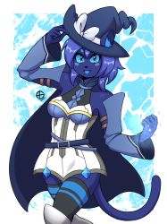 Rule 34 | 1girl, absurdres, adjusting clothes, adjusting headwear, animal ear fluff, animal ears, animal nose, arm up, blue eyes, blue hair, blue hat, blue skin, blush, bow, breasts, cat ears, cat girl, cat tail, colored skin, commission, furry, furry female, hat, hat bow, hat ribbon, highres, large breasts, looking at viewer, open mouth, original, ribbon, short hair, smile, solo, taggo, tail, white bow, white ribbon, witch hat