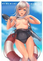 Rule 34 | 10s, 1girl, black one-piece swimsuit, blonde hair, blue eyes, breasts, character name, clothes lift, clothes pull, cloud, cloudy sky, covered navel, crop top, day, edwin (cyberdark impacts), flashing, flower, hair flower, hair ornament, heart, highres, kantai collection, knees together feet apart, legs together, lifebuoy, lifted by self, long hair, looking at viewer, medium breasts, nipples, one-piece swimsuit, one-piece swimsuit pull, one-piece tan, open mouth, pulled by self, ro-500 (kancolle), sailor collar, school swimsuit, shirt, shirt lift, sky, sleeveless, sleeveless shirt, smile, solo, swim ring, swimsuit, swimsuit under clothes, tan, tanline, thigh gap, torpedo, undressing