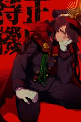 Rule 34 | 1girl, belt, black hair, black hat, black jacket, black pants, breasts, buttons, cape, chain, echo (circa), fate/grand order, fate (series), gloves, grin, hat, jacket, kneeling, koha-ace, long hair, long sleeves, looking at viewer, medallion, oda nobunaga (fate), oda uri, one eye closed, pants, peaked cap, popped collar, red cape, red eyes, small breasts, smile, solo, translation request, white gloves