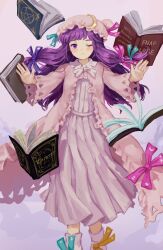Rule 34 | 1girl, arms up, blue bow, blunt bangs, book, bow, crescent, crescent hat ornament, dress, floating, floating book, floating object, hat, hat ornament, highres, himuhino, long hair, looking at viewer, mob cap, one eye closed, open book, outstretched arms, patchouli knowledge, purple eyes, purple hair, ribbon, solo, striped clothes, striped dress, touhou, very long hair