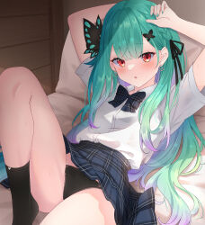 Rule 34 | 1girl, arms up, bed, black panties, black ribbon, black skirt, black socks, blush, bow, bow panties, bowtie, braid, butterfly-shaped pupils, butterfly hair ornament, clothes lift, colored inner hair, crotch, earrings, gradient hair, green hair, green nails, hair between eyes, hair ornament, hair ribbon, heart, heart earrings, highres, hololive, indoors, jewelry, knee up, kurono yuzuko, long hair, looking at viewer, lying, multicolored hair, official alternate costume, official alternate hairstyle, on bed, open mouth, panties, plaid, plaid skirt, purple hair, red eyes, ribbon, school uniform, shirt, side braid, sidelocks, skirt, skirt lift, socks, solo, sunlight, sweat, symbol-shaped pupils, underwear, uruha rushia, uruha rushia (school uniform), virtual youtuber, wall, white shirt, wooden wall