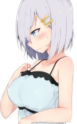Rule 34 | 10s, 1girl, alternate costume, bare shoulders, blue eyes, blush, breasts, camisole, closed mouth, cole (coleltu), collarbone, covered erect nipples, expressionless, from side, hair ornament, hair over one eye, hairclip, hamakaze (kancolle), hand on own chest, kantai collection, large breasts, looking down, profile, short hair, silver hair, simple background, solo, sweatdrop, white background