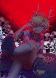 Rule 34 | 1girl, antlers, blonde hair, blue sailor collar, carbohydrate (asta4282), cigarette, dragon girl, dragon horns, dragon tail, dress, highres, horns, kicchou yachie, looking at viewer, red eyes, sailor collar, sailor dress, short hair, smoke, smoking, tail, touhou, turtle shell, yellow horns