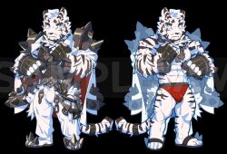 Rule 34 | 1boy, abs, acrylic stand, alternate costume, animal ears, arknights, bandaged hand, bandages, bara, beard, belt, black belt, black tank top, blue eyes, bulge, chain necklace, clenched hands, deformed, facial hair, fighting stance, full body, furry, furry male, jacket, jacket on shoulders, jewelry, large hands, light blush, long sideburns, looking at viewer, male focus, male swimwear, mountain (arknights), muscular, muscular male, navel, navel hair, necklace, pants, pectorals, red male swimwear, sample watermark, scar, scar across eye, scar on arm, short hair, shoulder spikes, sideburns, slippers, spikes, stomach, strongman waist, swim briefs, tail, tail ornament, tail ring, tank top, thick eyebrows, thick thighs, thighs, tiger boy, tiger ears, tiger tail, topless male, uza (hellme), watermark, white fur, white hair, white jacket, white pants