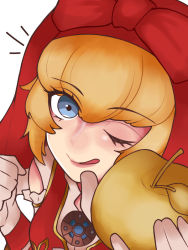 Rule 34 | 1girl, :p, apple, blonde hair, blue eyes, elbow gloves, food, fruit, gloves, golden apple, idunn (megami tensei), incoming food, looking at viewer, natuka-oekaki, one eye closed, shin megami tensei, shin megami tensei v, short hair, smile, solo, tongue, tongue out