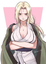 Rule 34 | 1girl, arms under breasts, artist name, blonde hair, breasts, brown eyes, cleavage, closed mouth, coat, crossed arms, forehead jewel, green coat, grey shirt, highres, jaga rico, large breasts, lips, long hair, looking at viewer, naruto, naruto (series), ninja, pink background, shirt, sleeveless, solo, tsunade (naruto), twintails, two-tone background, upper body, white background