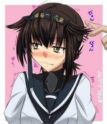 Rule 34 | 1girl, akito (sub707), anchor symbol, black hair, blush, hachimaki, hair flaps, hairband, hatsuzuki (kancolle), headband, highres, kantai collection, looking to the side, pink background, playing with hair, sailor collar, school uniform, serafuku, short hair, smirk, solo, twitter username, two-tone background, uncommon stimulation, wavy mouth, yellow eyes