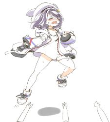 Rule 34 | 1girl, azur lane, bad id, bad twitter id, bush (azur lane), full body, gluteal fold, hair ornament, hairclip, hat, highres, jacket, mota, open mouth, purple hair, shoes, short hair, simple background, sneakers, solo, white background