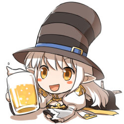 Rule 34 | 1girl, :d, alcohol, arch bishop (ragnarok online), beer, beer mug, belt, black footwear, blue belt, blush stickers, brown hat, chibi, cleavage cutout, clothing cutout, commentary request, cross, cup, dress, fishnet thighhighs, fishnets, full body, hat, hat belt, juliet sleeves, long hair, long sleeves, looking at viewer, lying, mug, natsuya (kuttuki), on stomach, open mouth, pointy ears, puffy sleeves, ragnarok online, shoes, simple background, smile, solo, striped clothes, striped headwear, the pose, thighhighs, top hat, two-tone dress, v-shaped eyebrows, white background, white dress, white thighhighs