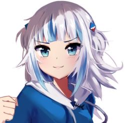 Rule 34 | 1girl, blue eyes, blue hair, blunt bangs, clenched hand, dayshiart, gawr gura, gawr gura (1st costume), hololive, hololive english, hood, hoodie, light blush, looking at viewer, lowres, multicolored hair, simple background, solo, split mouth, streaked hair, two side up, upper body, v-shaped eyebrows, virtual youtuber, white background