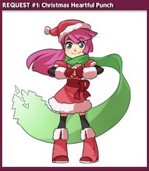 Rule 34 | 1girl, bad id, bad tumblr id, blue eyes, boots, clenched hand, fingerless gloves, full body, gloves, green scarf, hat, kneehighs, mary cagle, original, pink hair, red footwear, santa hat, scarf, socks, solo, thighhighs, zettai ryouiki