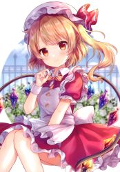 Rule 34 | 1girl, absurdres, apron, between legs, blonde hair, blurry, blurry background, blush, bow, closed mouth, coa (chroo x), crystal, depth of field, diagonal stripes, dress, flandre scarlet, frilled apron, frilled dress, frills, hand between legs, hand up, hat, hat ribbon, highres, mob cap, non-web source, one side up, puffy short sleeves, puffy sleeves, red dress, red eyes, red ribbon, ribbon, scan, short sleeves, smile, solo, striped, striped bow, touhou, white apron, white hat, wings, wrist cuffs, yellow bow