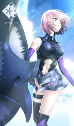 Rule 34 | 1girl, absurdres, armor, armored leotard, black leotard, black thighhighs, breasts, breasts apart, closed mouth, clothing cutout, day, elbow gloves, fate/grand order, fate (series), faulds, floating hair, gloves, highres, leotard, mash kyrielight, medium breasts, midriff, navel, outdoors, pink hair, purple eyes, purple gloves, sakura tecco, shield, short hair, smile, solo, standing, stomach, stomach cutout, thigh strap, thighhighs