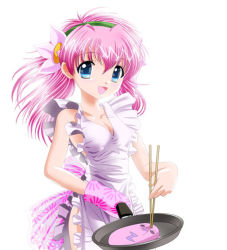 Rule 34 | 00s, 1girl, apron, blue hair, bow, broccoli (company), chopsticks, collarbone, flower, frying pan, galaxy angel, hair flower, hair ornament, hairband, long hair, looking at viewer, milfeulle sakuraba, naked apron, normad, simple background, smile, solo, twintails