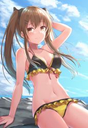 Rule 34 | 1girl, akabane hibame, arm behind head, arm support, arm up, bare arms, bare shoulders, bikini, blue bow, blue sky, blush, bow, breasts, brown eyes, brown hair, cleavage, closed eyes, cloud, commentary request, day, frilled bikini, frills, girls&#039; frontline, hair bow, hair ornament, hairclip, highres, horizon, leaning back, long hair, looking at viewer, medium breasts, navel, ocean, outdoors, rock, sidelocks, sitting, sky, smile, solo, stomach, swimsuit, thighs, twintails, two-tone bikini, ump9 (girls&#039; frontline)