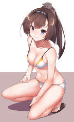 Rule 34 | 1girl, akizuki (kancolle), alternate costume, bare arms, bare shoulders, bikini, blue eyes, breasts, cleavage, collarbone, contemporary, full body, hair ornament, hairband, hand on own thigh, highres, kantai collection, kneeling, konnyaku (kk-monmon), long hair, looking at viewer, medium breasts, on one knee, ponytail, sandals, smile, solo, stomach, swimsuit, thighs, toes, white bikini