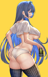 Rule 34 | 1girl, absurdres, ass, black thighhighs, blue eyes, blue hair, breasts, butt crack, can, contrapposto, dimples of venus, ear piercing, energy drink, frilled panties, frills, hand on own ass, highres, holding, holding can, hololive, hololive english, honkivampy, large breasts, long hair, monster energy, open mouth, ouro kronii, panties, piercing, shirt, striped clothes, striped thighhighs, t-shirt, thighhighs, thighs, underboob, underwear, virtual youtuber, white panties, white shirt