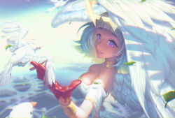 Rule 34 | 1girl, bird, blood on hands, breasts, cleavage, dove, highres, jewelry, medium breasts, neck ring, purple eyes, regition, short hair, smile, solo, white hair, wings