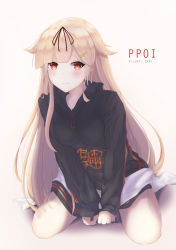 Rule 34 | 1girl, absurdres, alternate costume, artist name, black ribbon, black sweater, blonde hair, blush, hair flaps, hair ornament, hair ribbon, hairclip, highres, kantai collection, kneeling, long hair, long sleeves, looking at viewer, poi, red eyes, ribbon, simple background, solo, sweater, very long hair, yuudachi (kancolle), yuudachi kai ni (kancolle), zeri (zeristudio)