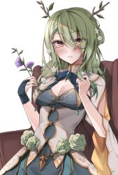 Rule 34 | 1girl, absurdres, antlers, blush, braid, braided bangs, breasts, ceres fauna, cleavage, commentary, cowboy shot, dress, dress flower, fingerless gloves, flower, gloves, green flower, green hair, green rose, hair flower, hair ornament, highres, holding, holding flower, hololive, hololive english, horns, long hair, looking at viewer, medium breasts, mole, mole under eye, multicolored hair, parted lips, rose, simple background, single fingerless glove, solo, stick, takida 185, virtual youtuber, white background, wide sleeves, yellow eyes