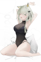 Rule 34 | 1girl, ;o, absurdres, alternate costume, animal ears, arknights, armpits, arms up, asymmetrical hair, bad feet, bare legs, barefoot, black leotard, black panties, black ribbon, blush, breasts, cat ears, chinese commentary, cleavage, covered navel, curryzcy, dated, full body, green eyes, hair between eyes, hair ribbon, highres, kal&#039;tsit (arknights), large breasts, leotard, light green hair, long hair, looking at viewer, one eye closed, open mouth, panties, panty straps, pillow, ribbon, see-through, simple background, sitting, solo, stretching, tearing up, tears, underwear, waking up, wariza, white background