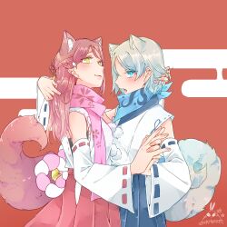 Rule 34 | 2girls, alternate costume, animal ear fluff, animal ears, blue eyes, blue skirt, commentary request, detached sleeves, fox ears, fox girl, fox tail, grey hair, hair ornament, hairclip, hakama, hakama skirt, half updo, hand in another&#039;s hair, highres, holding hands, interlocked fingers, japanese clothes, kashikaze, kemonomimi mode, kitsune, long hair, looking at viewer, love live!, love live! sunshine!!, multiple girls, open mouth, pom pom (clothes), red background, red hair, red skirt, sakurauchi riko, scarf, short hair, signature, simple background, skirt, slit pupils, smirk, tail, teeth, upper teeth only, watanabe you, white sleeves, wide sleeves, yellow eyes, yuri