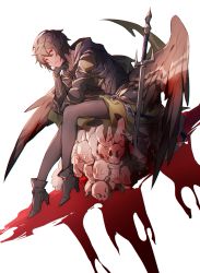 Rule 34 | 1boy, ankle boots, black footwear, blood, boots, brown hair, brown wings, commentary request, feathered wings, from side, full body, granblue fantasy, hair between eyes, high heel boots, high heels, highres, hizuki miya, male focus, pantyhose, pile of skulls, pool of blood, red eyes, sandalphon (granblue fantasy), short hair, simple background, solo, sword, tagme, weapon, white background, wings