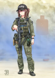 Rule 34 | 1girl, assault rifle, baseball cap, black footwear, black hat, brown hair, closed mouth, commentary request, emoji, full body, gloves, green jacket, green pants, gun, h&amp;k vp9, hair between eyes, handgun, hat, highres, holding, holding gun, holding weapon, holster, holstered, howa type 89, jacket, jpc, looking at viewer, original, pants, ponytail, purple eyes, rifle, shoes, sidelocks, solo, standing, thigh holster, weapon