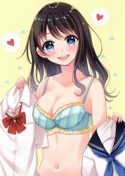 Rule 34 | 1girl, :d, absurdres, bare shoulders, black hair, black sailor collar, blue bra, blue eyes, blue neckwear, blush, bow, bowtie, bra, breasts, cleavage, collarbone, collared shirt, frilled bra, frills, heart, highres, holding, large breasts, long hair, looking at viewer, navel, neckerchief, open mouth, original, red neckwear, sailor collar, sakura hiyori, scan, school uniform, serafuku, shirt, short sleeves, smile, solo, spoken heart, stomach, striped bra, striped clothes, underwear, upper body, wavy hair, white shirt, yellow background