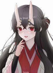 Rule 34 | 1girl, absurdres, artist name, black hair, chiyo (genshin impact), commentary, crossed bangs, duckntea, english commentary, genshin impact, highres, horns, japanese clothes, kimono, long hair, long sleeves, looking at viewer, multicolored hair, oni, oni horns, open mouth, red eyes, red hair, simple background, solo, white background