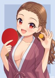 Rule 34 | 1girl, ball, blue background, blush, braid, breasts, brown hair, cleavage, collarbone, commentary request, forehead, french braid, highres, holding, holding ball, idolmaster, idolmaster cinderella girls, japanese clothes, kimono, long hair, long sleeves, looking at viewer, medium breasts, no bra, open mouth, paddle, red eyes, red kimono, seki hiromi, smile, solo, table tennis ball, table tennis paddle, upper body, wavy hair, wgm oekaki, yukata