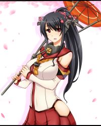 Rule 34 | 1girl, blush, breasts, cosplay, cowboy shot, female focus, flower, fusou (kancolle), hair flower, hair ornament, headgear, hip vent, kantai collection, kuon (nokokopopo), large breasts, long hair, looking at viewer, petals, ponytail, red eyes, simple background, solo, umbrella, yamato (kancolle), yamato (kancolle) (cosplay)