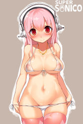 Rule 34 | 1girl, bikini, bikini pull, blush, breasts, character name, cleavage, clothes pull, cowboy shot, front-tie top, groin, halterneck, headphones, imazon, jewelry, large breasts, long hair, looking at viewer, navel, necklace, nipples, nitroplus, pink hair, pink thighhighs, pulling own clothes, red eyes, see-through, side-tie bikini bottom, smile, solo, star (symbol), star print, super sonico, swimsuit, thighhighs, white bikini