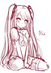 Rule 34 | 1girl, blush, dated, long hair, looking at viewer, monochrome, sei000, simple background, sketch, smile, solo, thighhighs, very long hair, white background