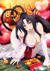 Rule 34 | 1girl, all fours, animal ears, black hair, blush, bra, breasts, bridal lingerie, bride, cat ears, cat girl, cat tail, cleavage, cookie, female focus, fishnet thighhighs, fishnets, flower, food, hair flower, hair ornament, hair rings, hairband, happy birthday, heart, heart tail, high school dxd, highres, jewelry, kuroka (high school dxd), lingerie, lipstick, long hair, looking at viewer, makeup, mouth hold, multiple tails, naughty face, necklace, nekomata, official art, panties, purple lips, seductive smile, see-through, slit pupils, smile, solo, tail, thighhighs, underwear, white bra, white panties, yellow eyes