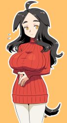 Rule 34 | 1girl, ahoge, animal ears, black hair, blush, breasts, cowboy shot, dog ears, dog tail, large breasts, long hair, muu (mumumer), original, own hands together, red sweater, ribbed sweater, simple background, smile, solo, sweater, tail, thick eyebrows, turtleneck, turtleneck sweater, yellow background, yellow eyes