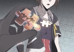 Rule 34 | 1boy, 1other, black gloves, blue shirt, bridge, brown hair, chain necklace, gloves, gongju s2, gradient background, highres, island, jacket, jewelry, jigsaw puzzle, kingdom hearts, necklace, ocean, open clothes, open jacket, open mouth, palm tree, pov, pov hands, puzzle, puzzle piece, shirt, sora (kingdom hearts), standing, sun, sunset, tree, wooden bridge