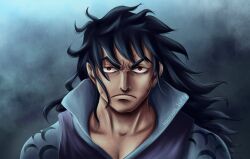 Rule 34 | 1boy, angry, artist name, black hair, closed mouth, highres, houssem luffy, japanese clothes, kouzuki momonosuke, long hair, looking at viewer, male focus, one piece, red eyes, solo