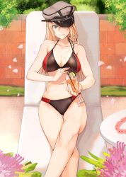 Rule 34 | 10s, 1girl, adapted costume, bikini, bismarck (kancolle), blonde hair, blue eyes, breasts, chair, drink, female focus, flower, hat, hat over one eye, kantai collection, large breasts, long hair, lounge chair, ogros, peaked cap, smile, solo, swimsuit, thigh gap