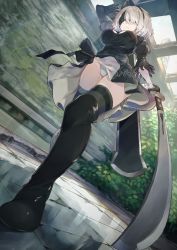 Rule 34 | 1girl, arm up, black dress, black footwear, black gloves, black hairband, black ribbon, black thighhighs, blindfold, boots, breasts, broadsword, bush, cleavage, cleavage cutout, closed mouth, clothing cutout, covered eyes, dress, feet, foot focus, from below, full body, gloves, greatsword, groin, hair over one eye, hairband, high heel boots, high heels, highleg, highleg leotard, highres, holding, holding sword, holding weapon, huge weapon, juliet sleeves, katana, kikkaiki, large breasts, legs apart, leotard, long sleeves, mole, mole under mouth, nier:automata, nier (series), pink lips, plant, puffy sleeves, ribbed dress, ribbon, short dress, short hair, side slit, silver hair, skirt, solo, standing, sword, thigh boots, thighhighs, tile floor, tiles, upskirt, vambraces, weapon, weapon on back, white leotard, wind, wind lift, 2b (nier:automata)