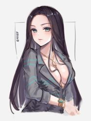 Rule 34 | 1girl, ayano (ntwewy), black hair, blazer, blush, bracelet, breasts, character name, cleavage, collared jacket, eyebrows, female focus, green eyes, highres, jacket, jewelry, large breasts, lips, long hair, looking at viewer, necklace, no bra, open clothes, open jacket, ringlets, shin subarashiki kono sekai, solo, subarashiki kono sekai, upper body