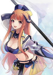Rule 34 | 1girl, :d, arknights, bagpipe (arknights), bagpipe (queen no. 1) (arknights), bare shoulders, black gloves, black shorts, blue eyes, breasts, clothing cutout, commentary request, cowboy shot, crop top, detached collar, dragon horns, elbow gloves, fingerless gloves, flag, gloves, highres, holding, holding flag, horns, large breasts, long hair, looking at viewer, midriff, miniskirt, navel, official alternate costume, one eye closed, open mouth, orange hair, partial commentary, race queen, shimasato, short shorts, shorts, shoulder cutout, showgirl skirt, skirt, smile, solo, standing, thighs, white background