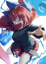 Rule 34 | 1girl, black footwear, blue bow, bow, cape, commentary request, covered mouth, eidenjyou1997, green shirt, hair bow, highres, hitodama, long sleeves, looking at viewer, medium hair, red cape, red eyes, red hair, red skirt, sekibanki, shirt, skirt, solo, touhou, white background